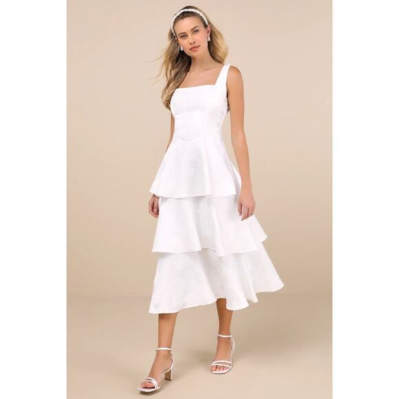 NWT Lulus Elinore White Jacquard Tiered Midi Dress Wedding Cocktail Size M - Picture 1 of 8